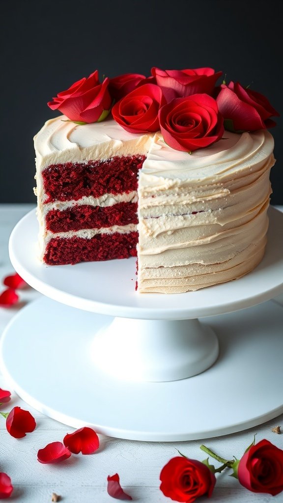 A red velvet cake with cream cheese icing, topped with red roses, displayed on a white cake stand.