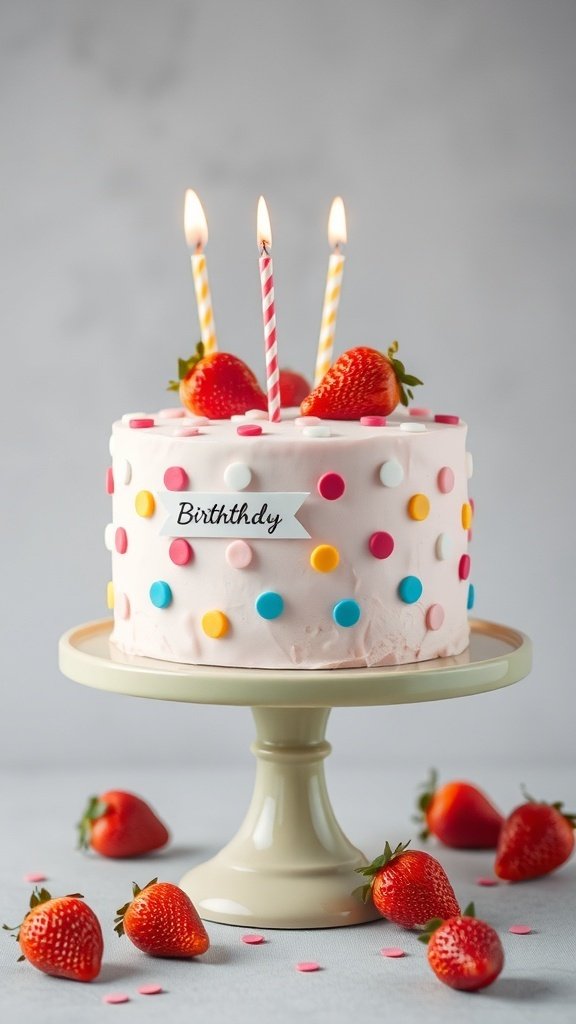 A charming strawberry birthday cake with colorful polka dots, topped with candles and fresh strawberries.