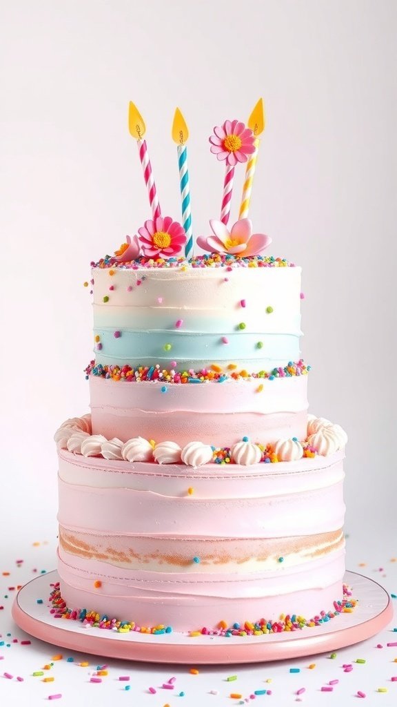 A whimsical birthday cake with pastel layers, colorful sprinkles, and decorative flowers.