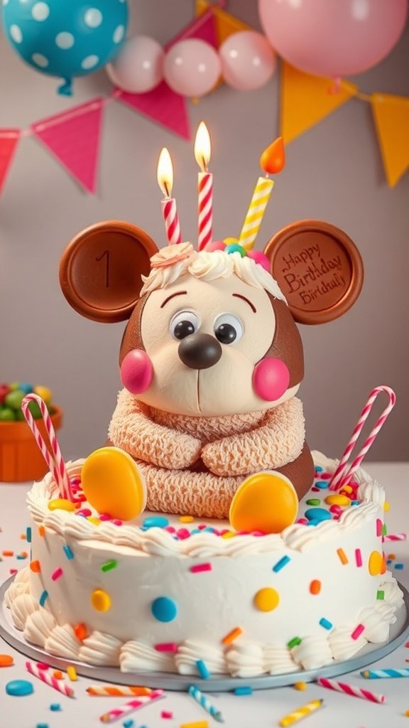 A colorful birthday cake featuring a cute bear character with candles and sprinkles.