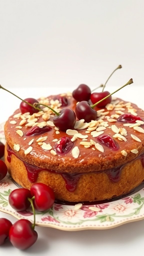 A beautiful cherry almond cake topped with fresh cherries and sliced almonds on a decorative plate.