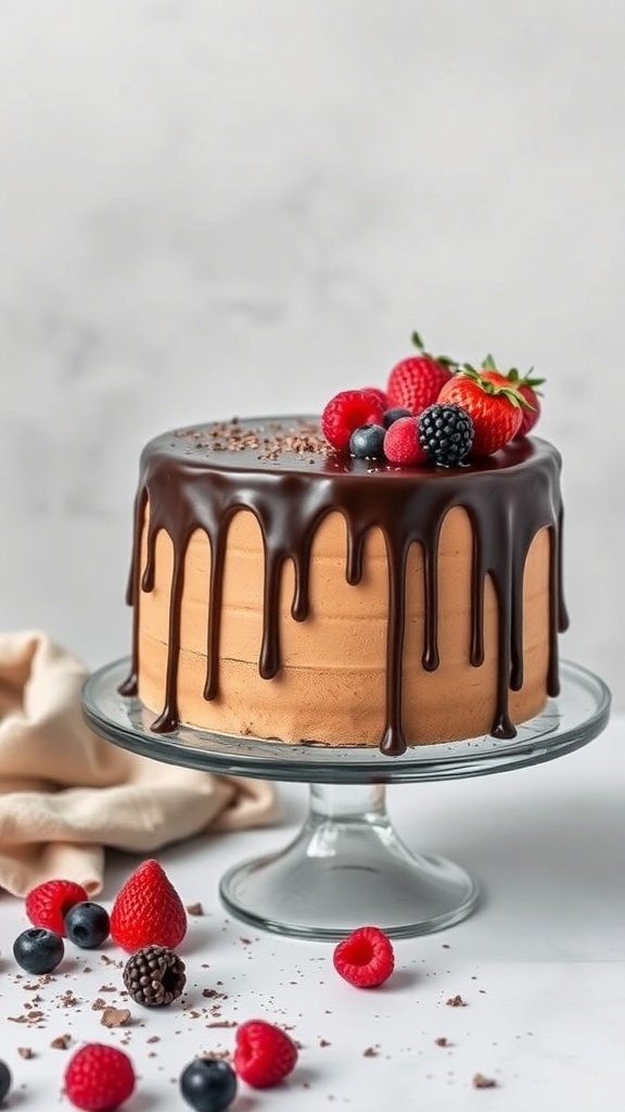 A beautifully decorated Chocolate Ganache Drip Cake with fresh berries on top.