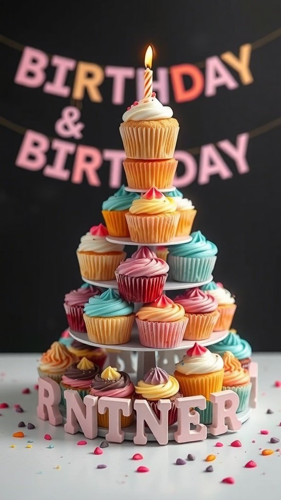 A tiered display of colorful cupcakes with a candle on top, celebrating a birthday.