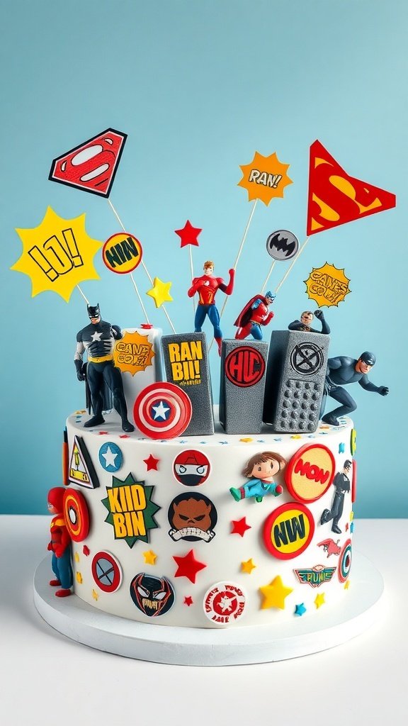 A colorful superhero-themed birthday cake with action figures and decorations.