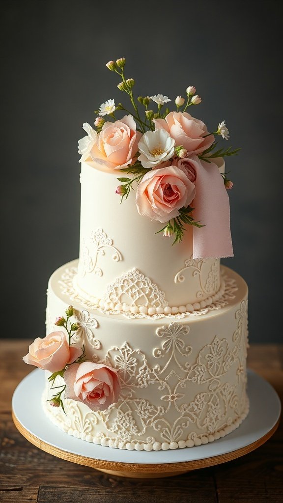 A vintage two-tiered cake decorated with lace patterns and pink roses.
