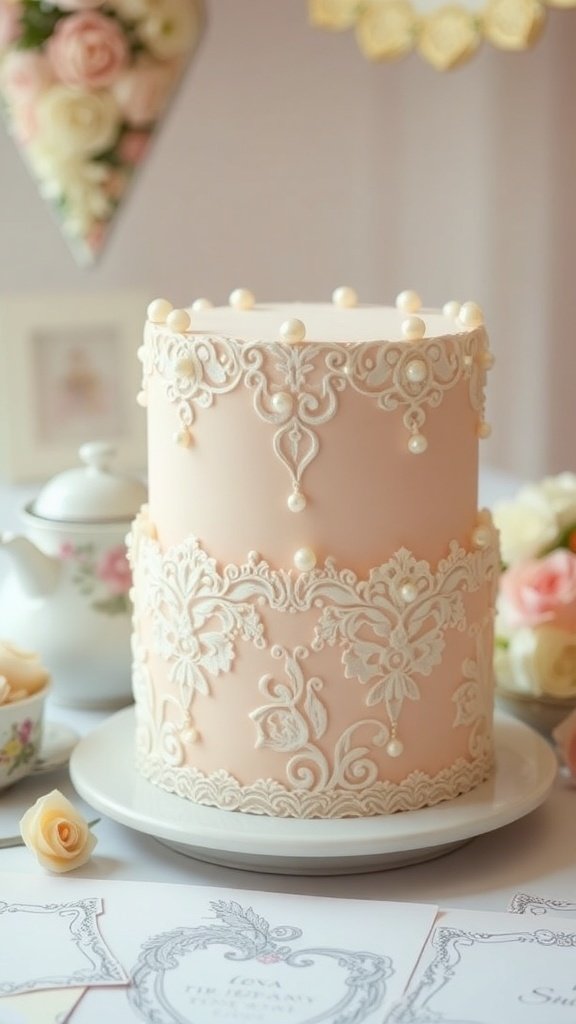 A vintage-inspired cake with lace and pearl decorations, set on a table with floral accents.