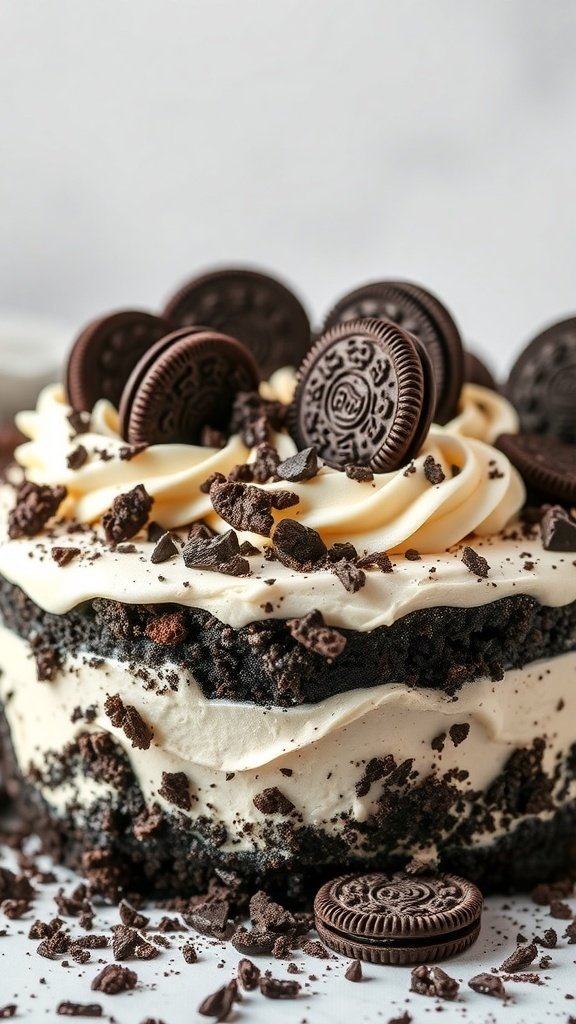 A delicious Oreo cookie cake topped with whole Oreos and crushed cookie pieces.
