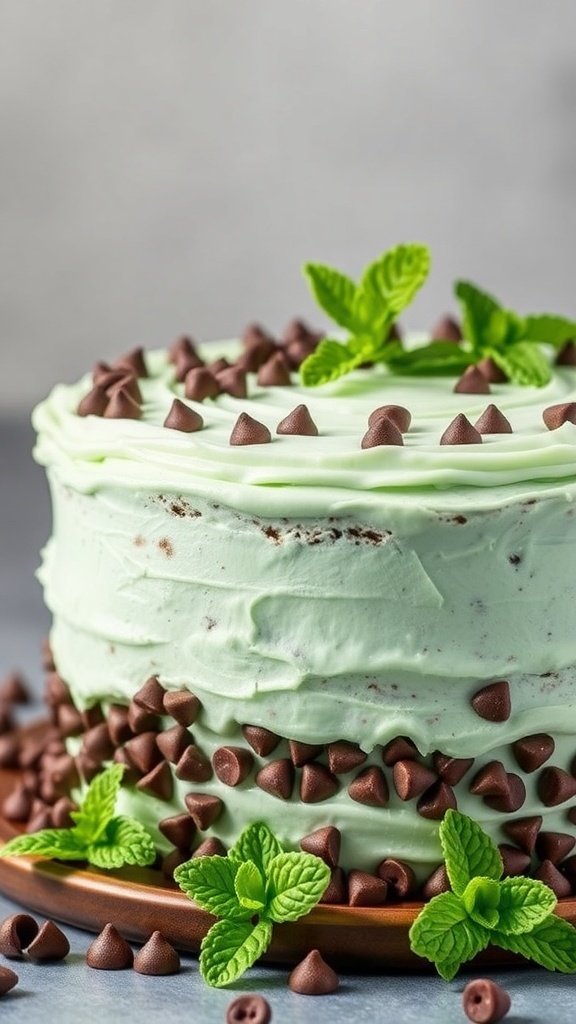 A mint chocolate chip cake decorated with chocolate chips and fresh mint leaves.