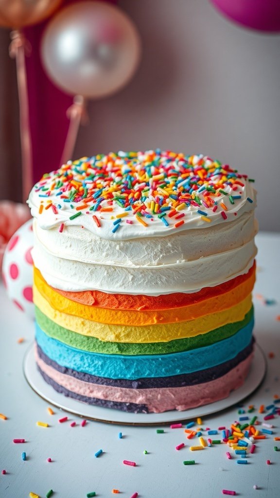 A colorful rainbow layer cake with sprinkles on top, surrounded by festive decorations.