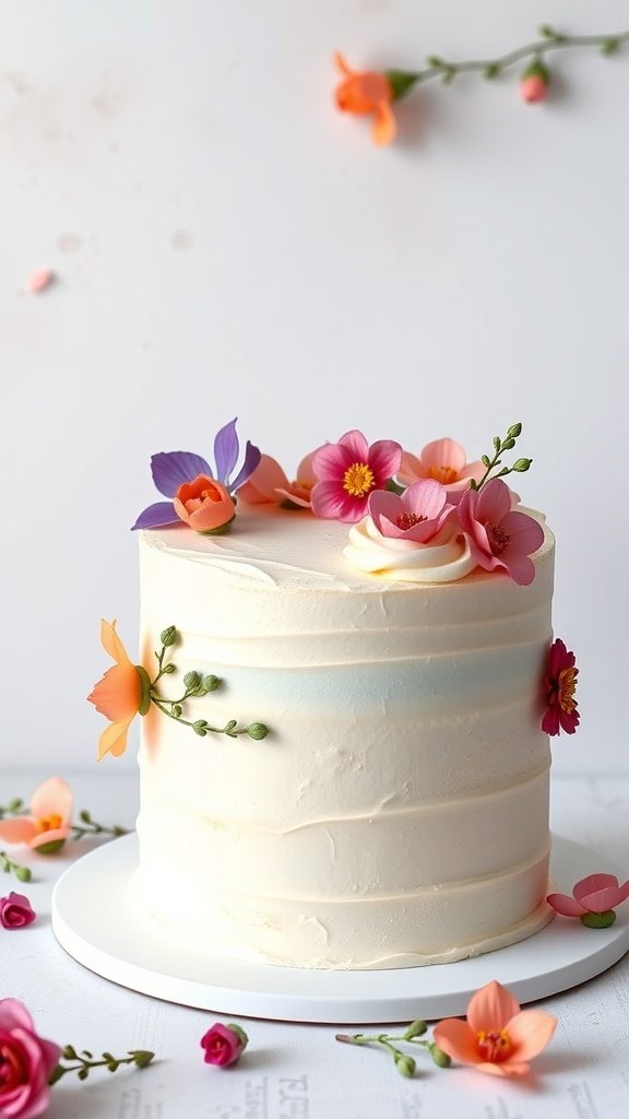 A beautifully decorated vanilla bean buttercream cake with colorful flowers on top.