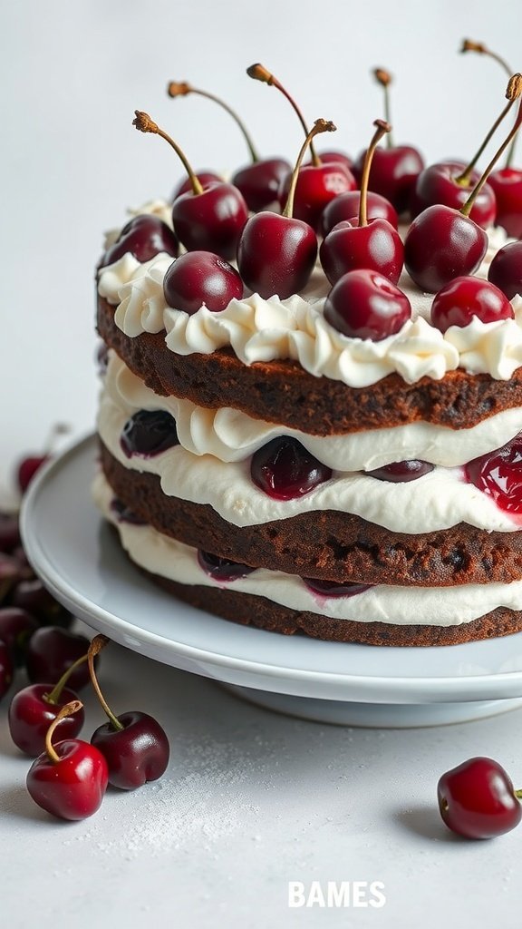 A layered Black Forest Cake with cherries on top