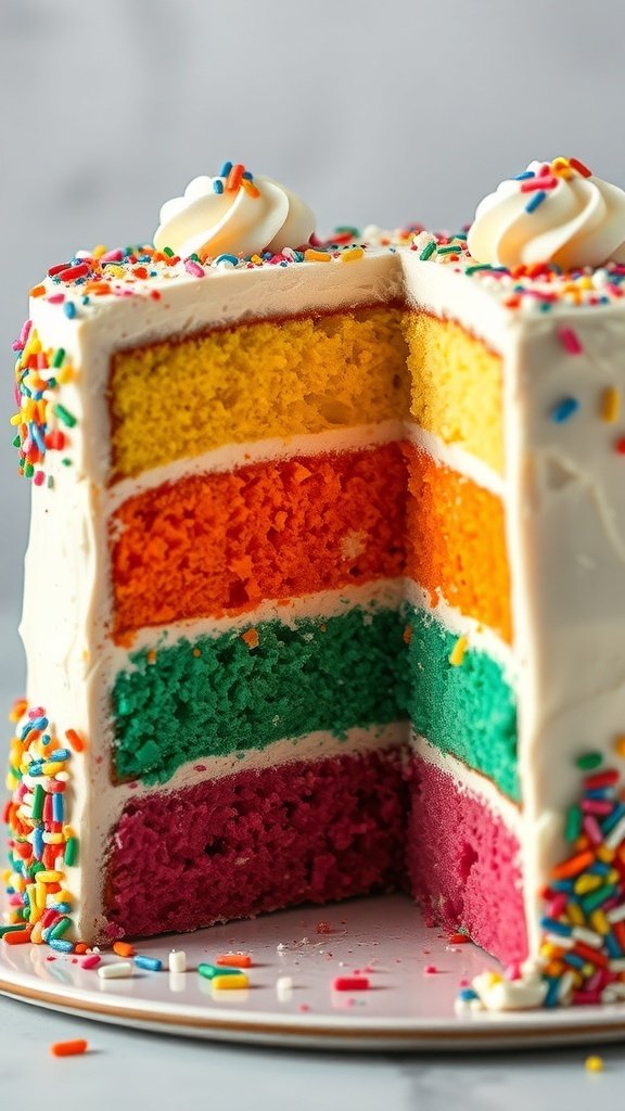 A vibrant rainbow layer cake with colorful layers and sprinkles on top.