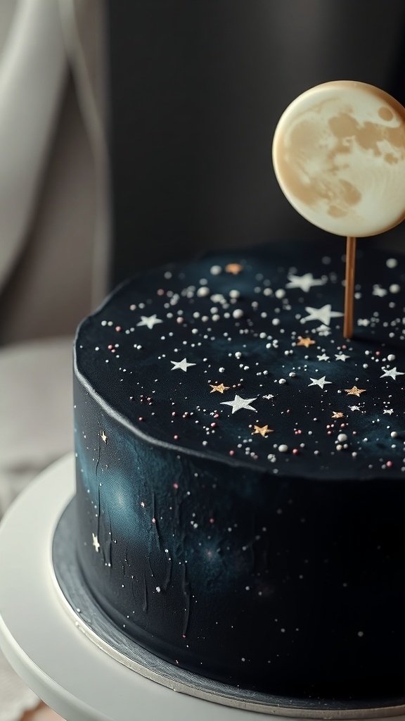 A beautifully designed cake resembling the night sky, featuring stars and a moon.