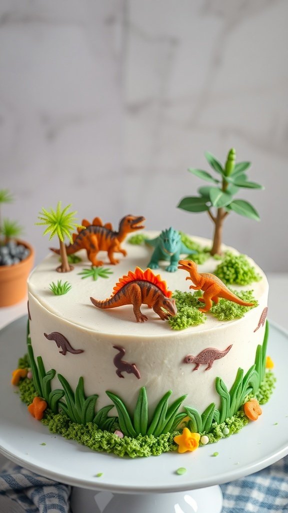 A birthday cake decorated with dinosaur figurines and green grass, showcasing a fun and playful theme.