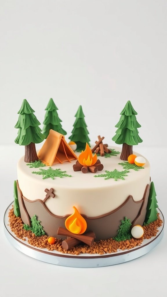 A beautifully decorated camping-themed cake with a tent, campfire, and trees.