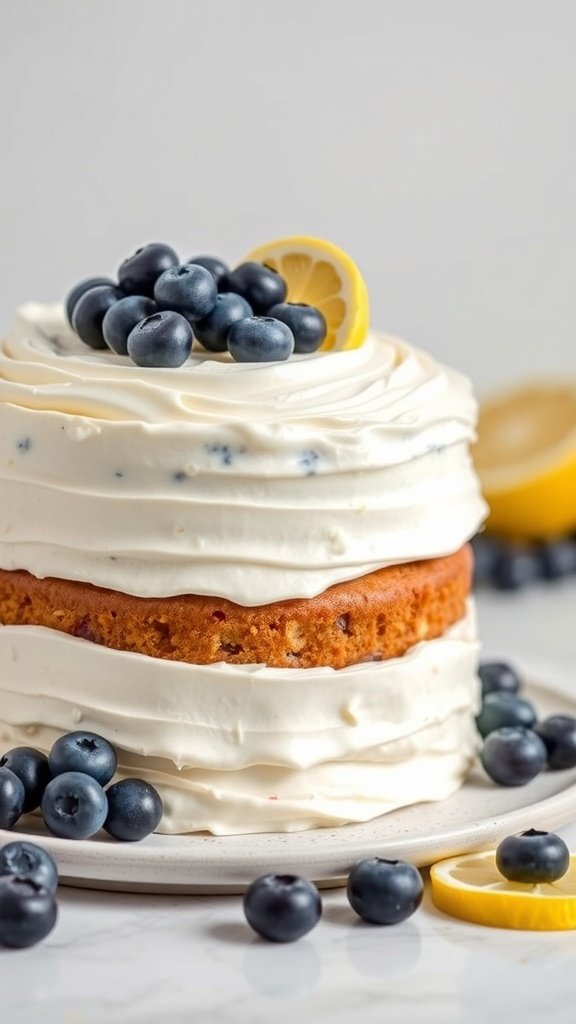 A three-layer lemon blueberry cake topped with blueberries and a lemon slice.