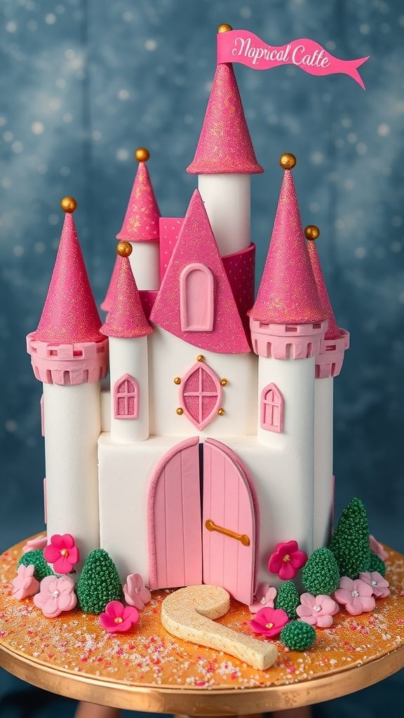 A beautifully decorated Fairy Tale Castle Cake with pink towers, flowers, and a whimsical design.