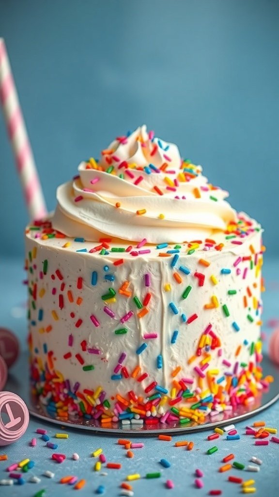 A colorful Funfetti Celebration Cake topped with sprinkles and whipped cream, with a straw beside it.