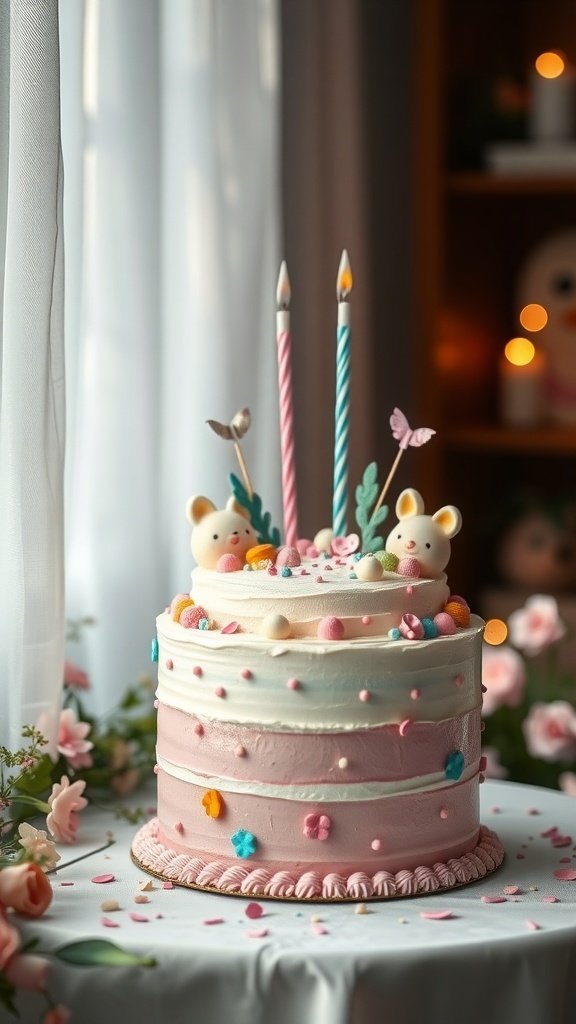 A whimsical pastel birthday cake with cute bear decorations and colorful candles.