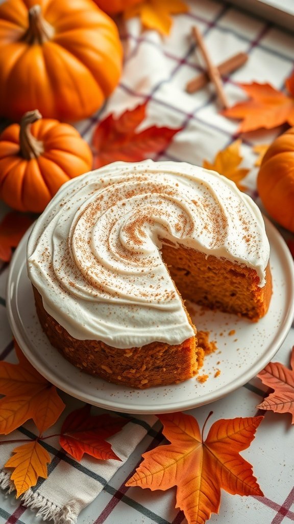 A delicious pumpkin spice cake with cream cheese frosting, surrounded by pumpkins and autumn leaves.