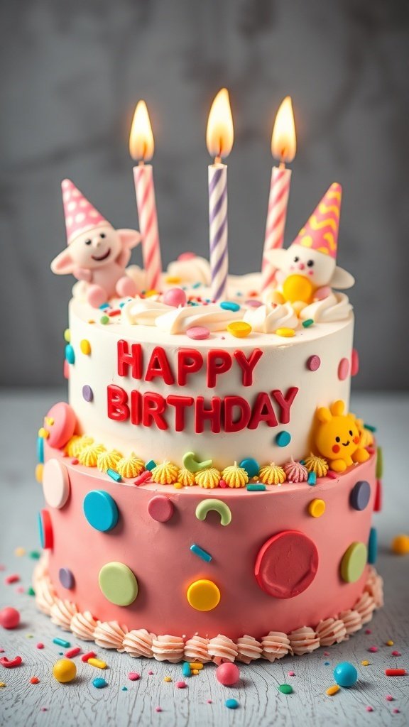 A colorful two-tier birthday cake with playful cartoon decorations, candles, and a 'Happy Birthday' message.