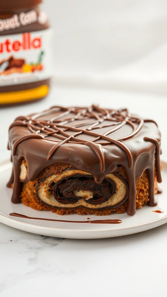 A delicious Nutella Swirl Cake topped with chocolate glaze and drizzled Nutella.