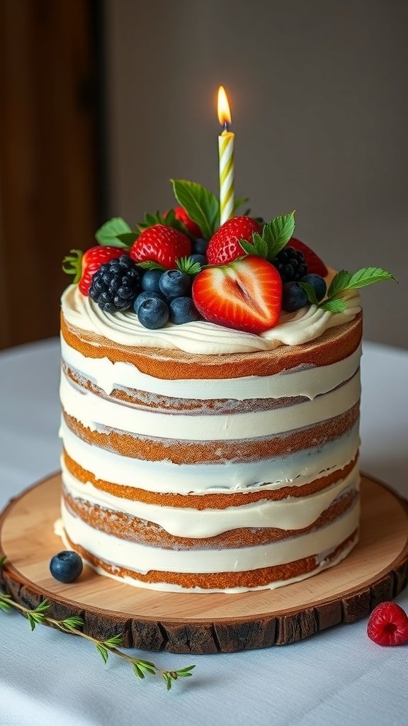 A rustic naked birthday cake topped with fresh berries and a candle, displayed on a wooden stand.