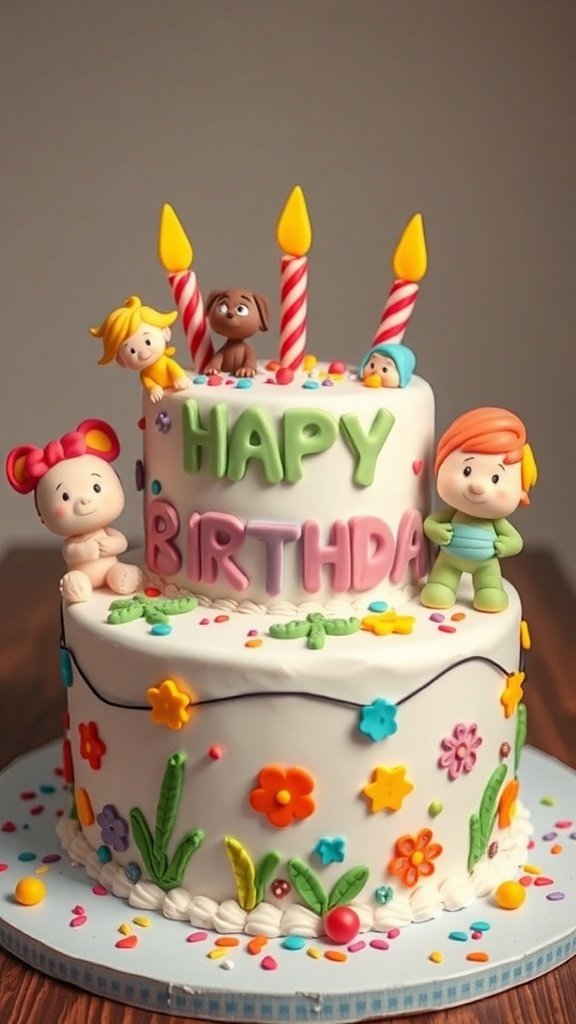 A colorful birthday cake with cartoon characters, candles, and festive decorations.