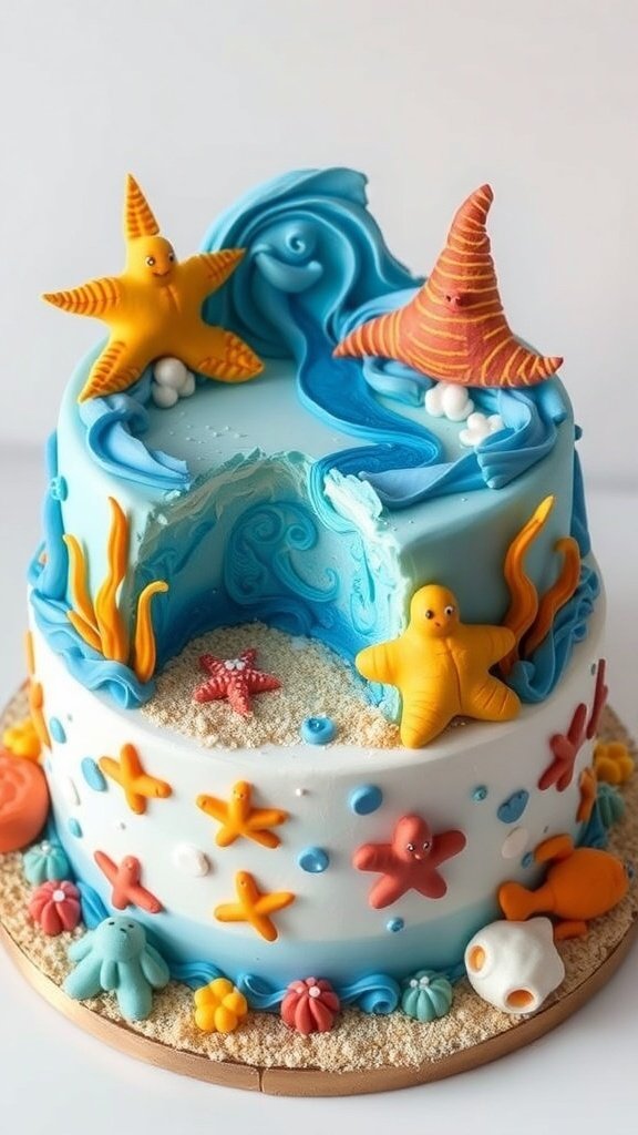 A colorful Under the Sea themed birthday cake with blue frosting, starfish, and an octopus decoration.