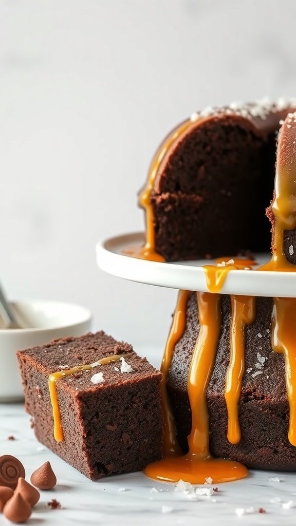 A delicious salted caramel chocolate cake with caramel dripping down the sides and a slice cut out.