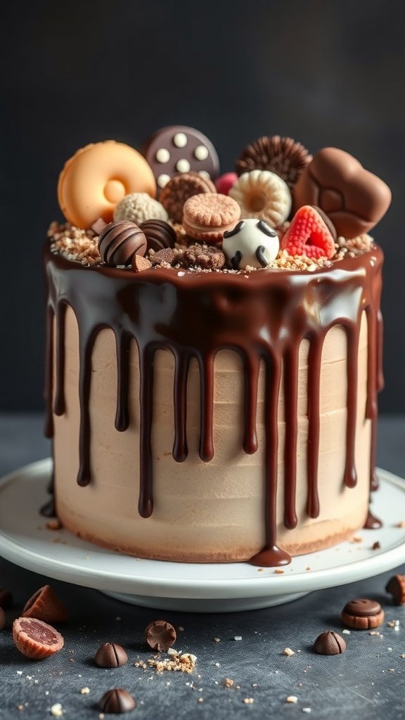 A beautifully decorated chocolate drip cake topped with various chocolates and treats.