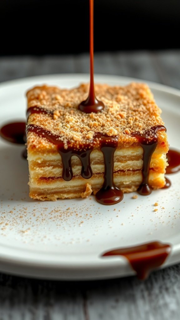 A slice of churro cake drizzled with chocolate sauce on a white plate.