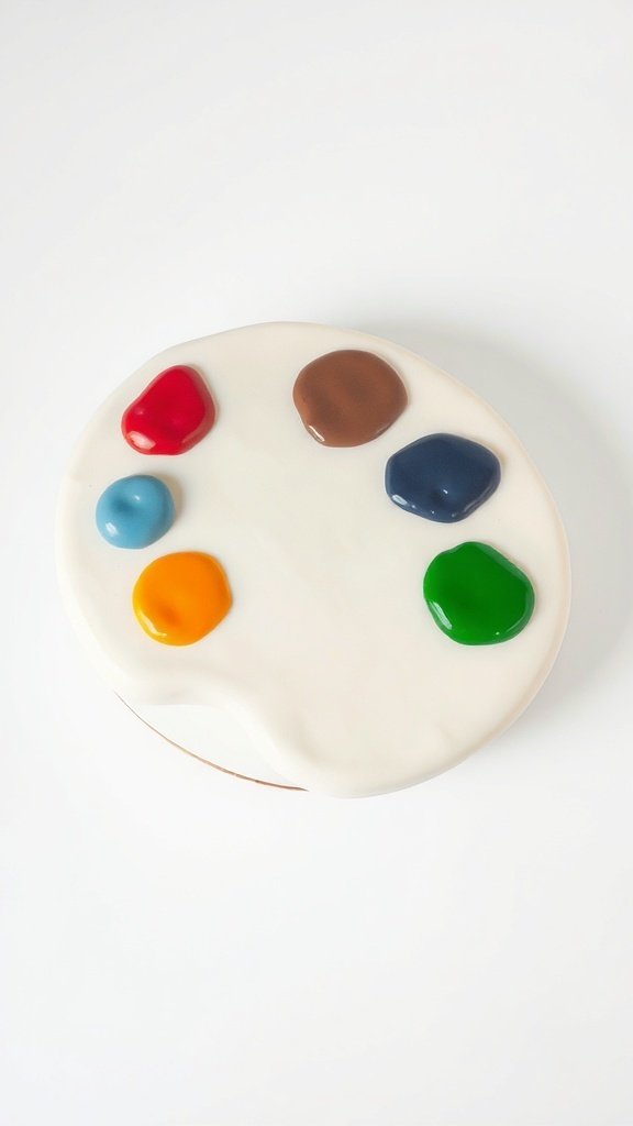 A cake designed to look like an artist's palette with colorful icing blobs