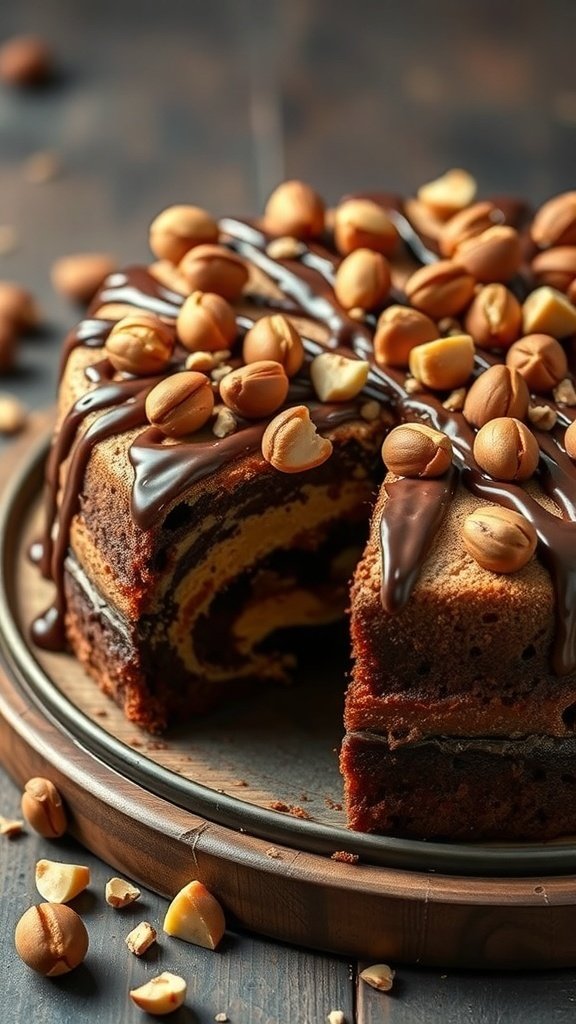 A delicious Nutella Swirl Cake topped with hazelnuts and chocolate drizzle, with a slice cut out.