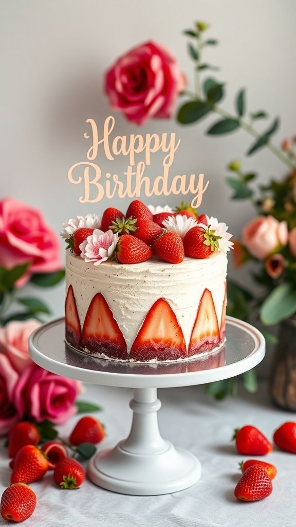 A strawberry birthday cake with vintage floral cake toppers and a 'Happy Birthday' sign.