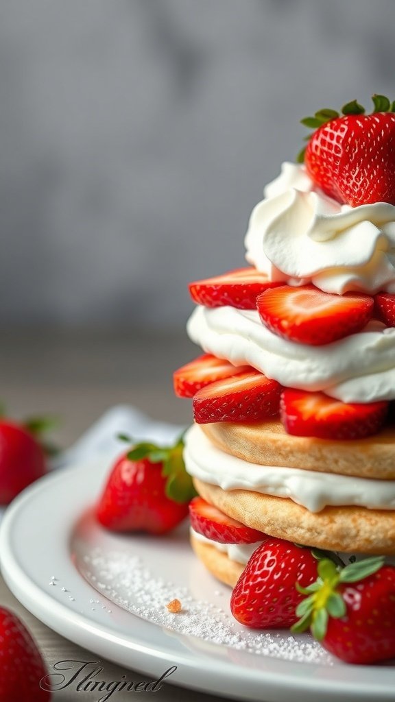 A tall strawberry shortcake layered with whipped cream and fresh strawberries.
