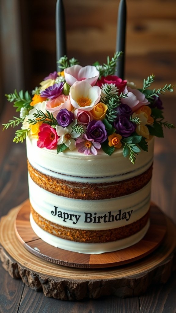 A beautifully decorated birthday cake with floral toppers, featuring vibrant roses and delicate blossoms.