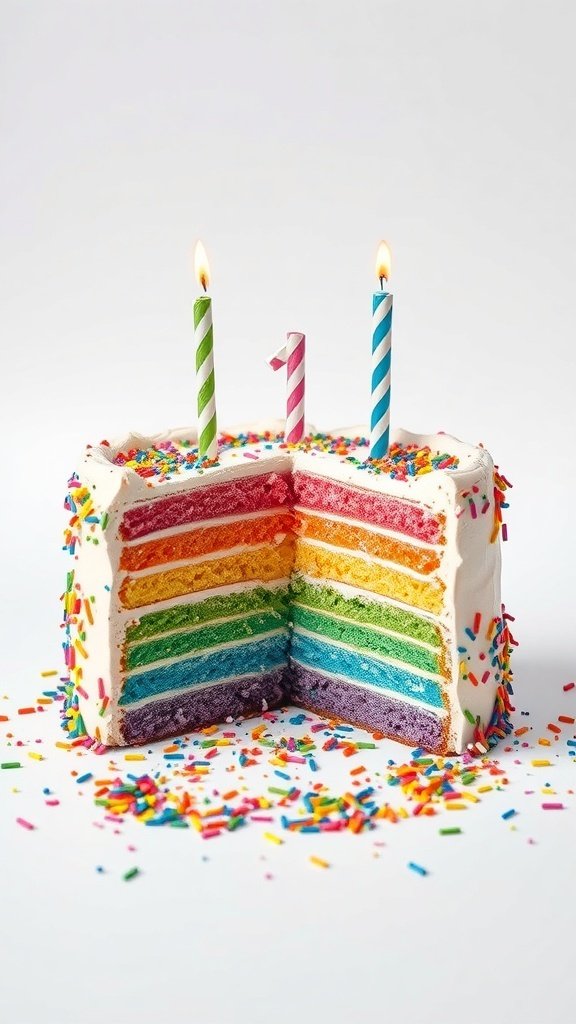 A colorful rainbow birthday cake with layers of vibrant colors and sprinkles, featuring three candles on top.