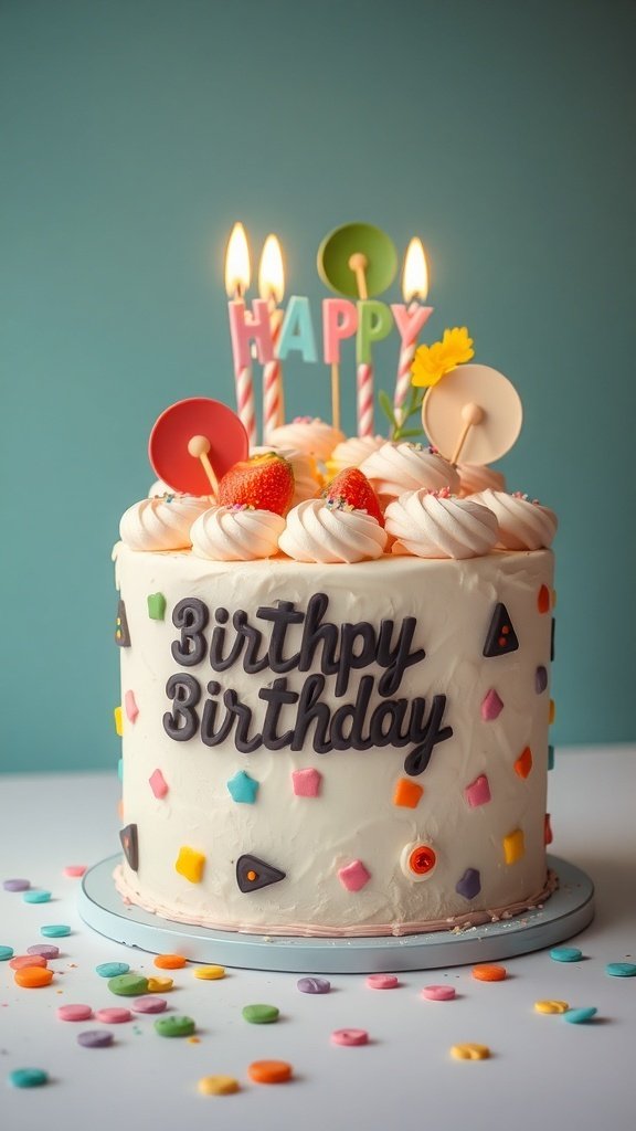 A colorful birthday cake with candles, sprinkles, and a 'Happy Birthday' sign.