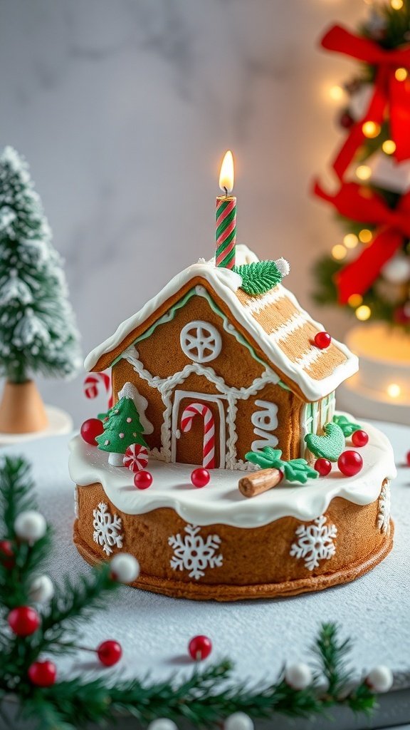 A gingerbread house cake with a lit candle on top, decorated with icing and festive elements.