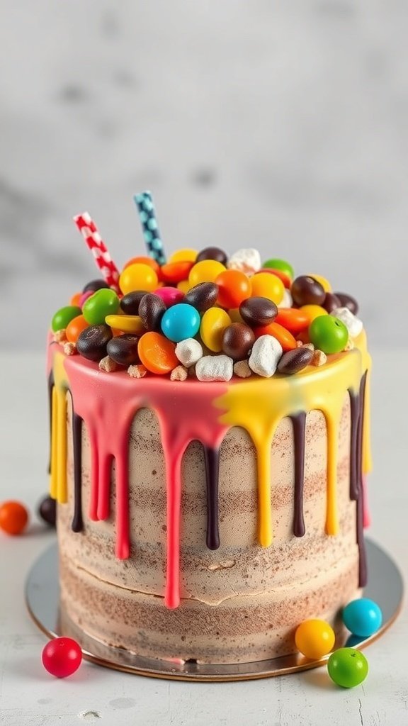 A colorful drip cake topped with candies and marshmallows, featuring vibrant icing drips and striped straws.