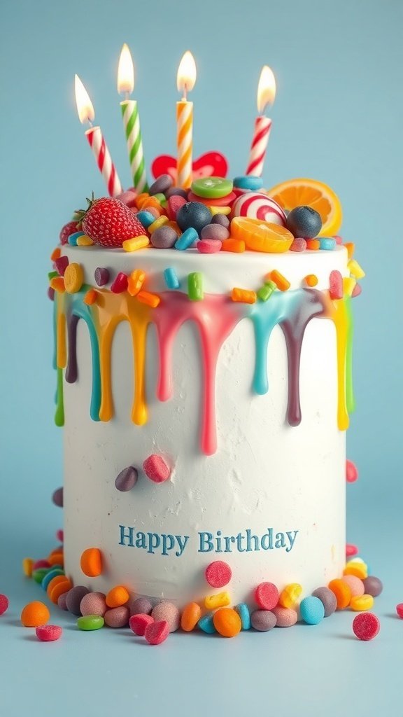 A colorful birthday cake with a drip effect, topped with fruits, candies, and candles, with 'Happy Birthday' written on it.