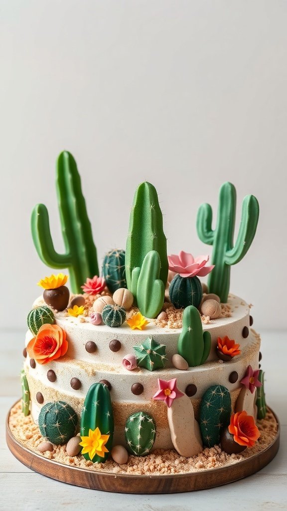 A beautifully decorated cactus cake with green cacti, colorful flowers, and a sandy base.