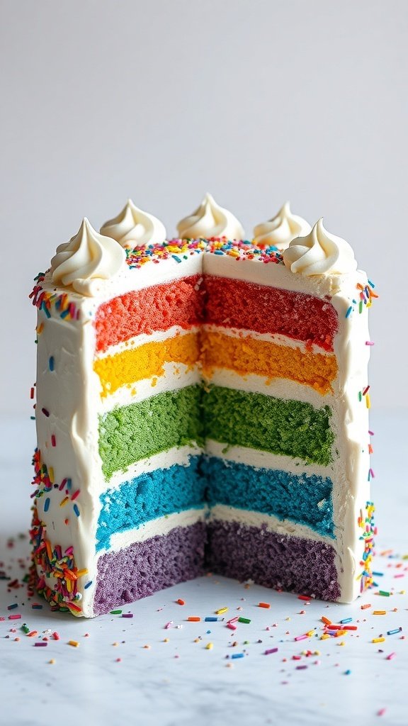 A colorful rainbow layer cake with whipped cream frosting and sprinkles, showing vibrant layers of cake.