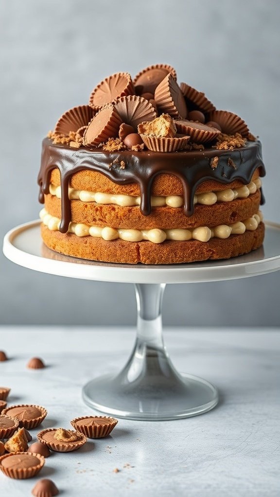 A beautifully layered peanut butter cup cake topped with chocolate ganache and mini peanut butter cups.