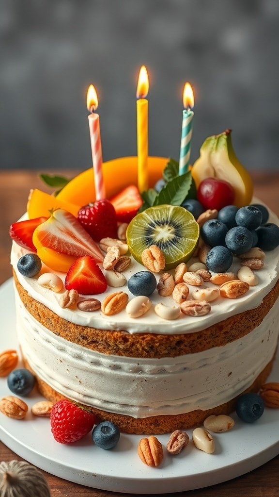 A beautifully decorated birthday cake topped with fresh fruits and nuts, featuring candles.