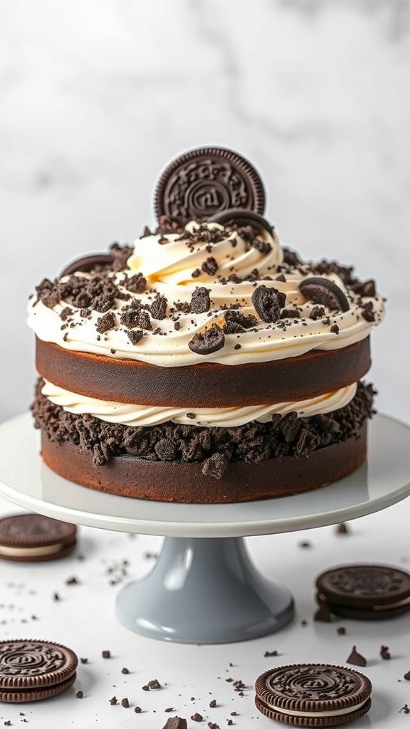 A delicious Oreo Cookies and Cream Cake topped with crushed Oreos and whole cookies.
