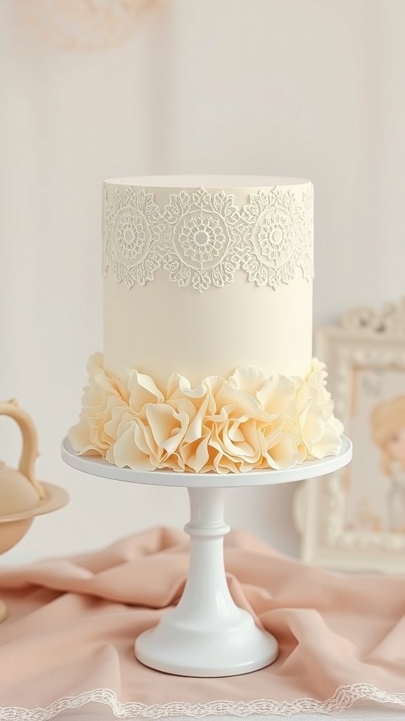 A vintage-inspired cake with lace detailing and ruffled fondant at the base.