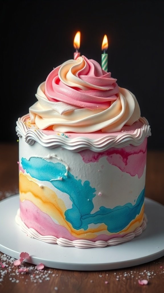 A beautifully decorated birthday cake with watercolor effects in pink, blue, and yellow, topped with swirls of frosting and two candles.