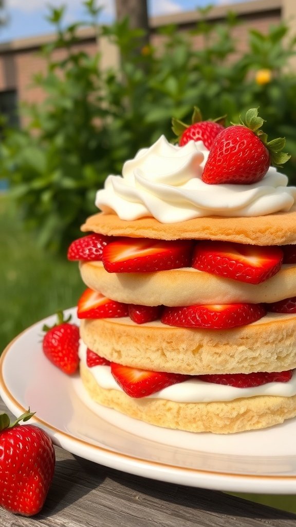 A delicious strawberry shortcake with layers of cake, fresh strawberries, and whipped cream.